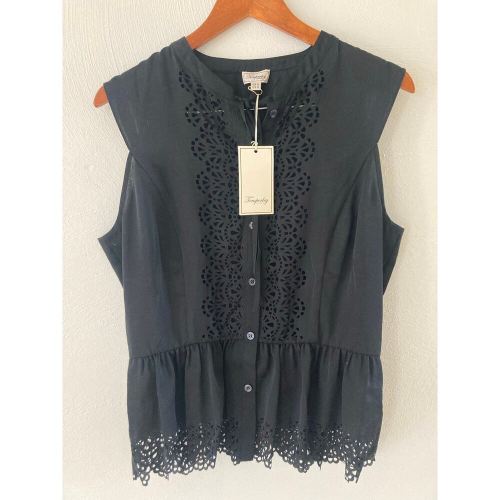 Temperley London Women's Black Jacques Tie Button Front Blouse Top 12 Eyelet - Picture 3 of 13